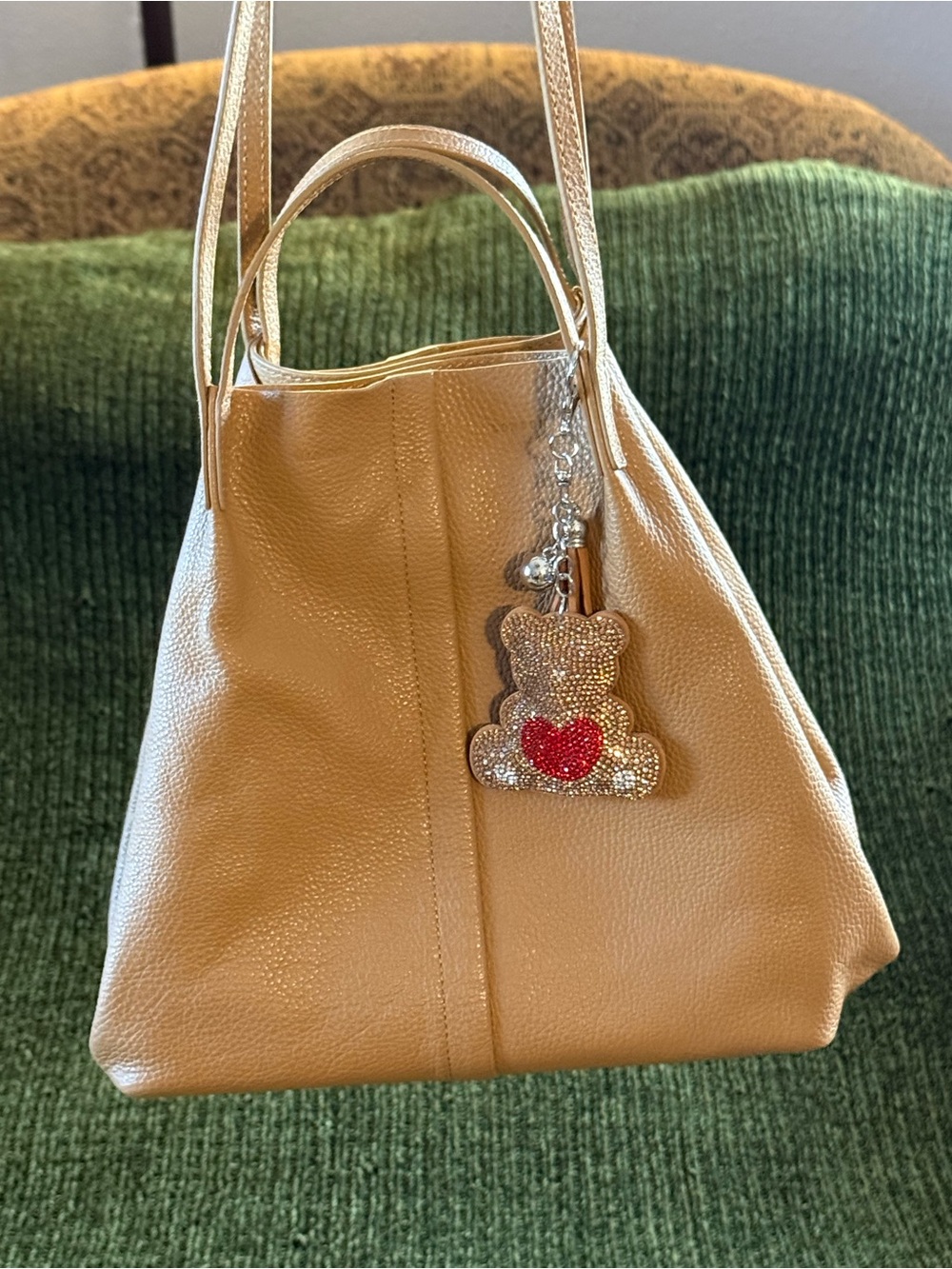All Saints Odette East/West Leather Tote Bag with Crystal Bear Charm